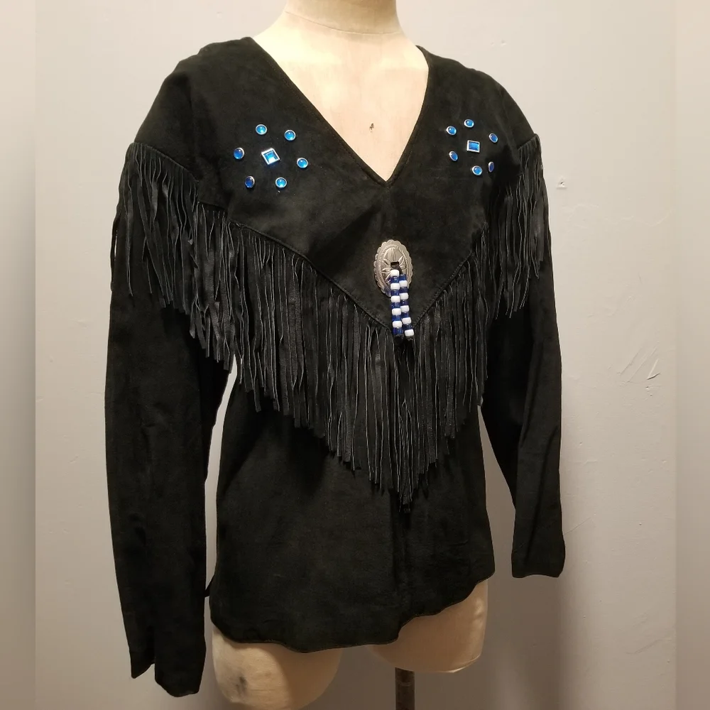 VINTAGE LEATHER JACKET PULLOVER WINDBREAKER SUEDE UNISEX FESTIVAL FRINGE HIPPIE - Picture 2 of 7